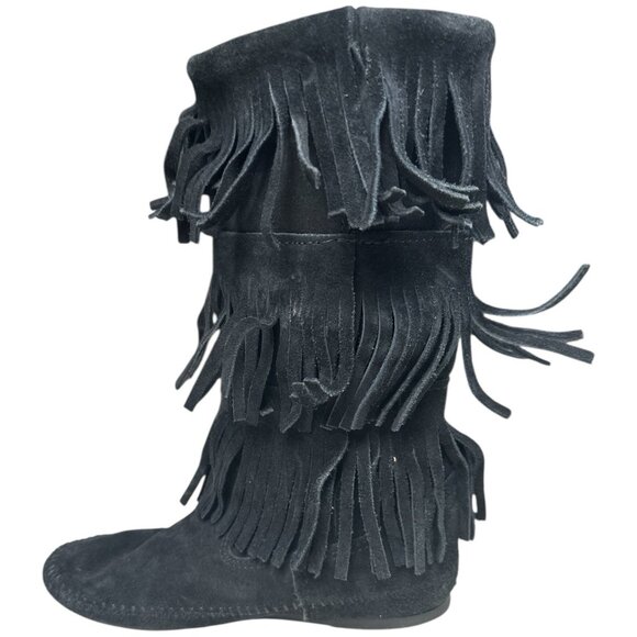 Minnetonka Boot Women 7 Black Suede Mid Calf 3 Tier Fringe moccasin boho Festiva - Picture 12 of 16